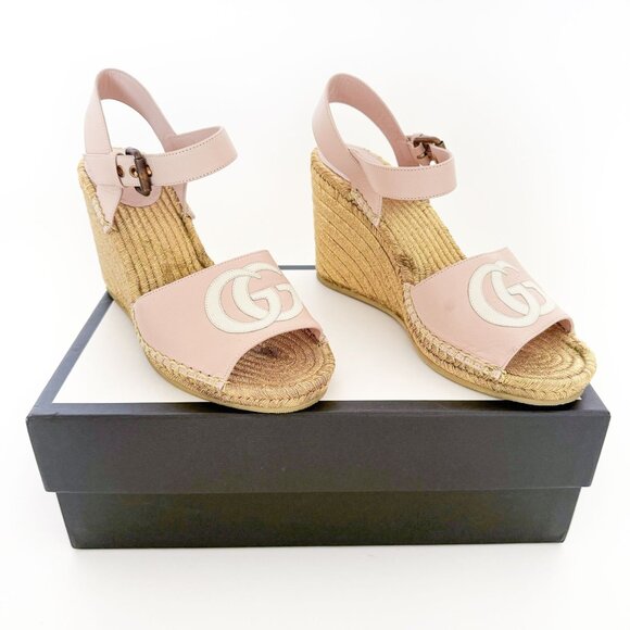 Gucci Flor GG Espadrille Wedge Sandals EU 39.5 US 9.5 Pink Gold Platform Heel - Picture 1 of 11